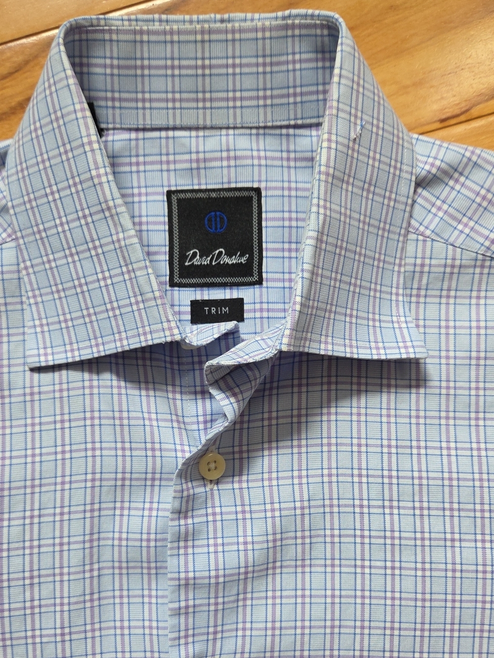 David Donahue Light Blue Plaid Dress Shirt with Purple & Navy Lines 15 Neck